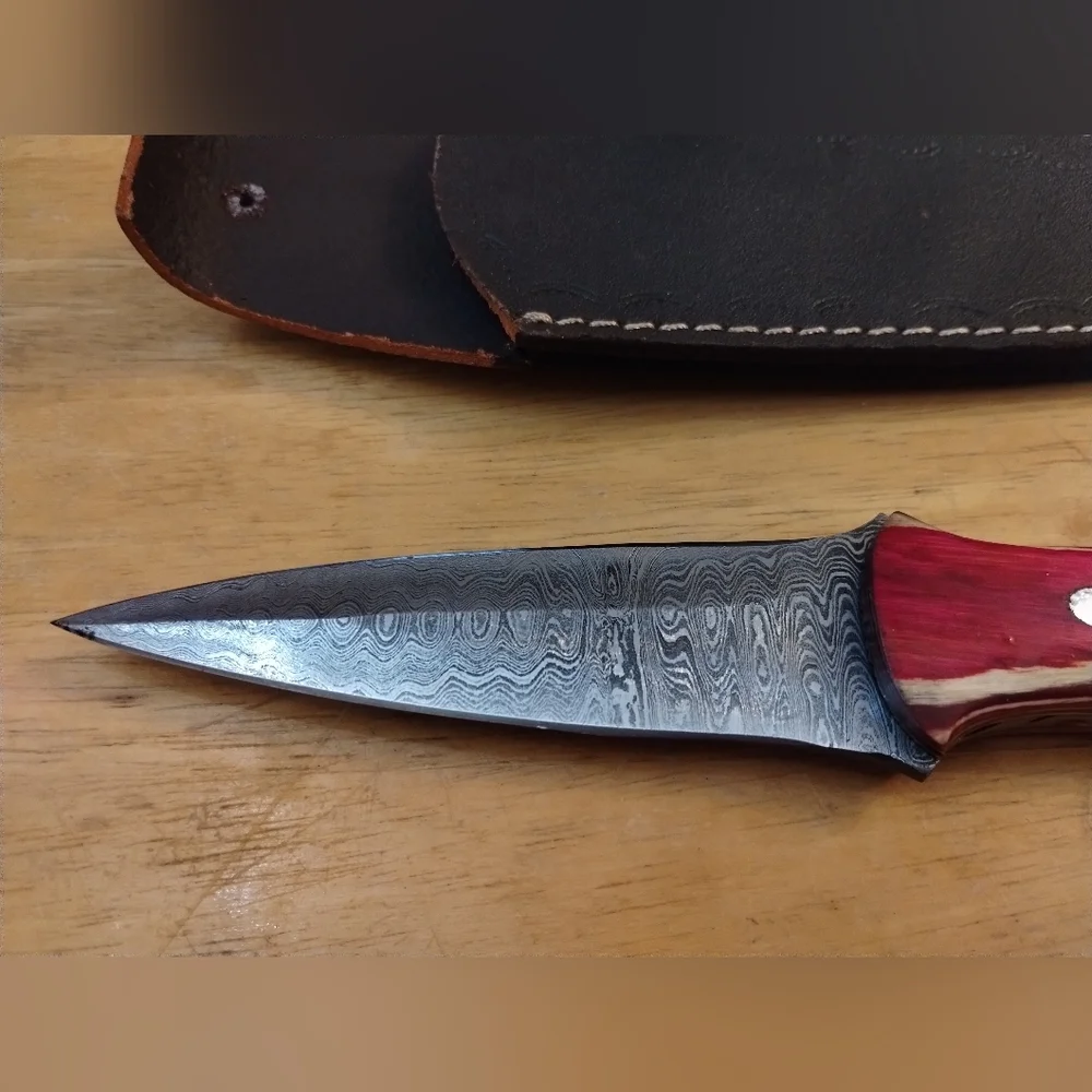 New Mens Red Damascus Steel Blade Knife Double Edged Dagger with Sheath - Picture 2 of 10